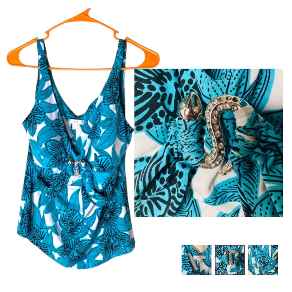 Cache Swim‎ Top White& Blue/Green Tropical with Snake Size Large